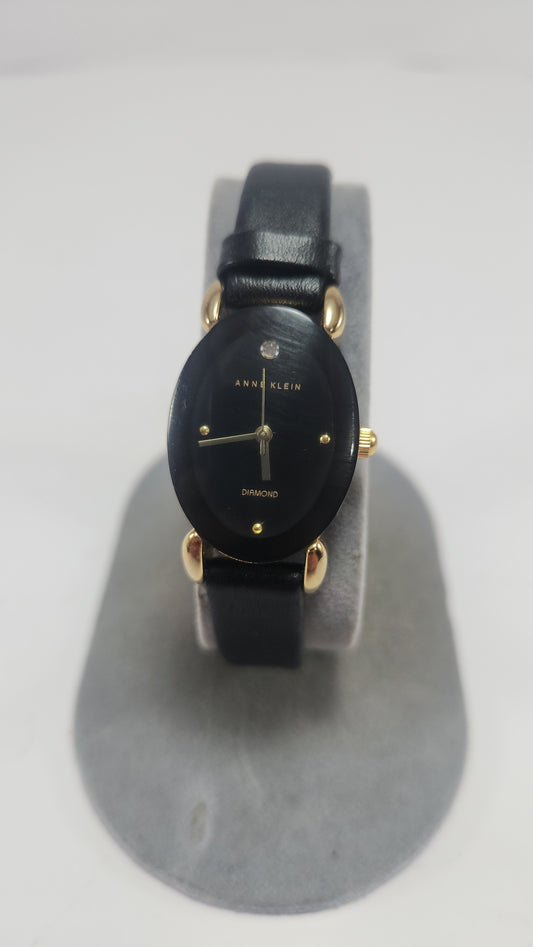 Anne Klein Black Leather Diamond Watch