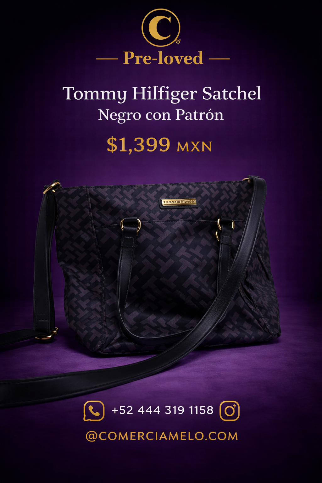 Tommy Hilfiger Satchel Negro con Patrón