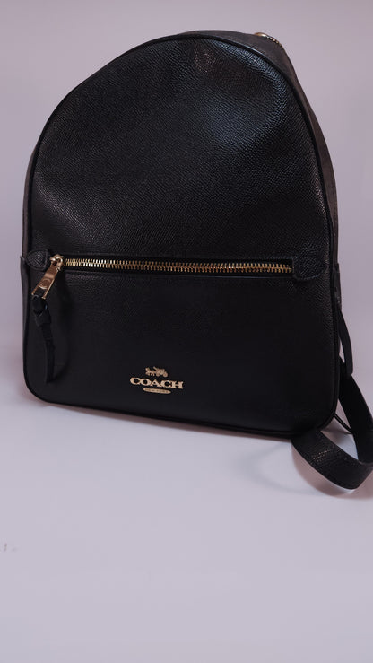 Mochila Coach Negra con Detalles en Café y Canvas