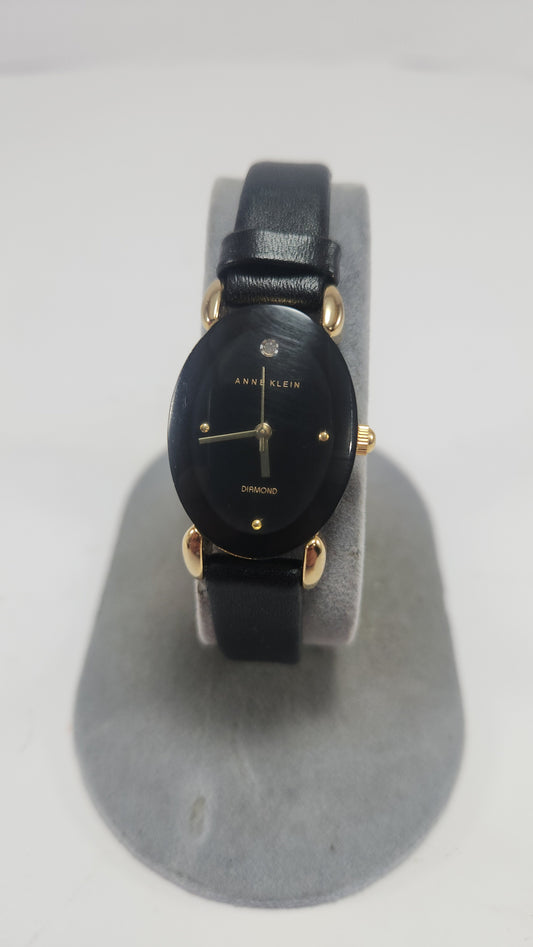 Anne Klein Black Leather Diamond Watch