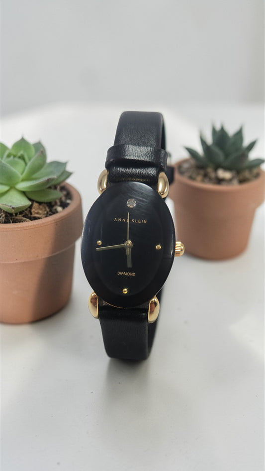 Anne Klein Black Leather Diamond Watch
