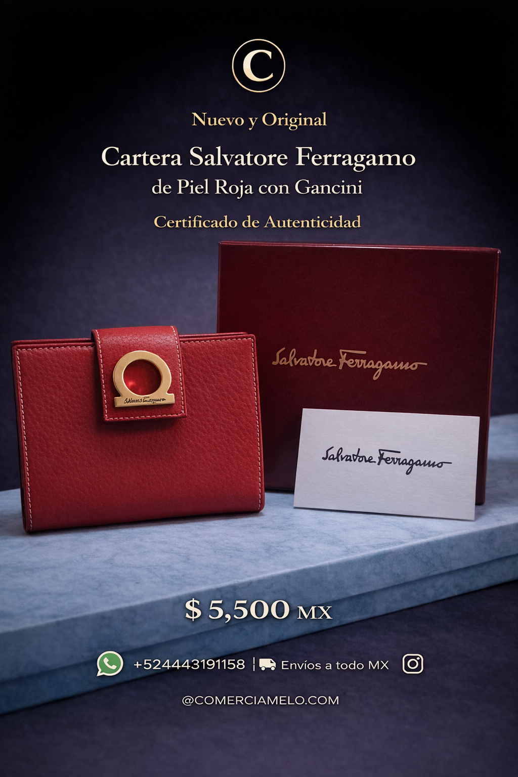 Cartera Salvatore Ferragamo de Piel Roja con Gancini - Certificado Autenticidad