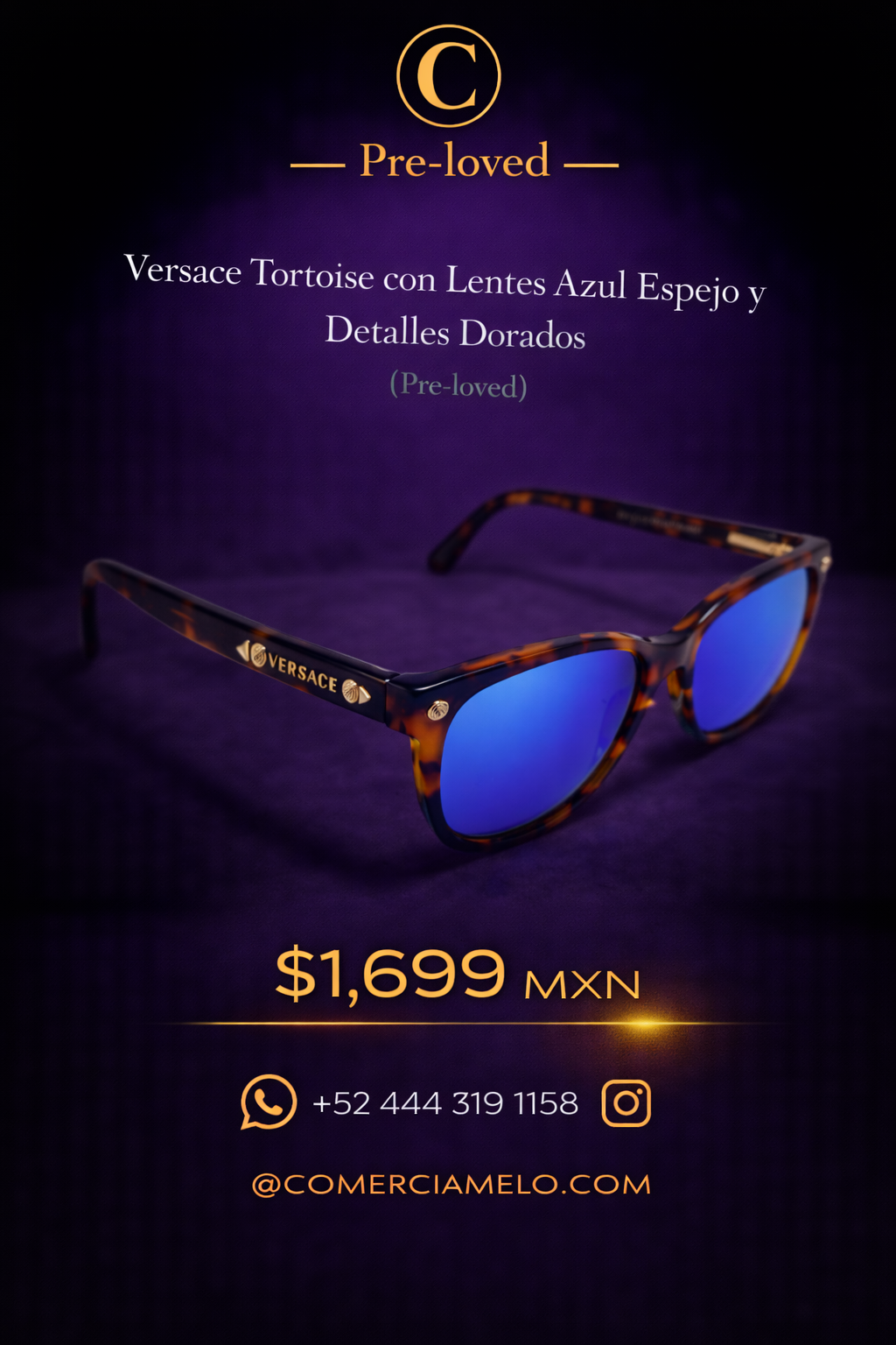 Versace Tortoise con Lentes Azul Espejo y Detalles Dorados