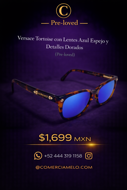 Versace Tortoise con Lentes Azul Espejo y Detalles Dorados