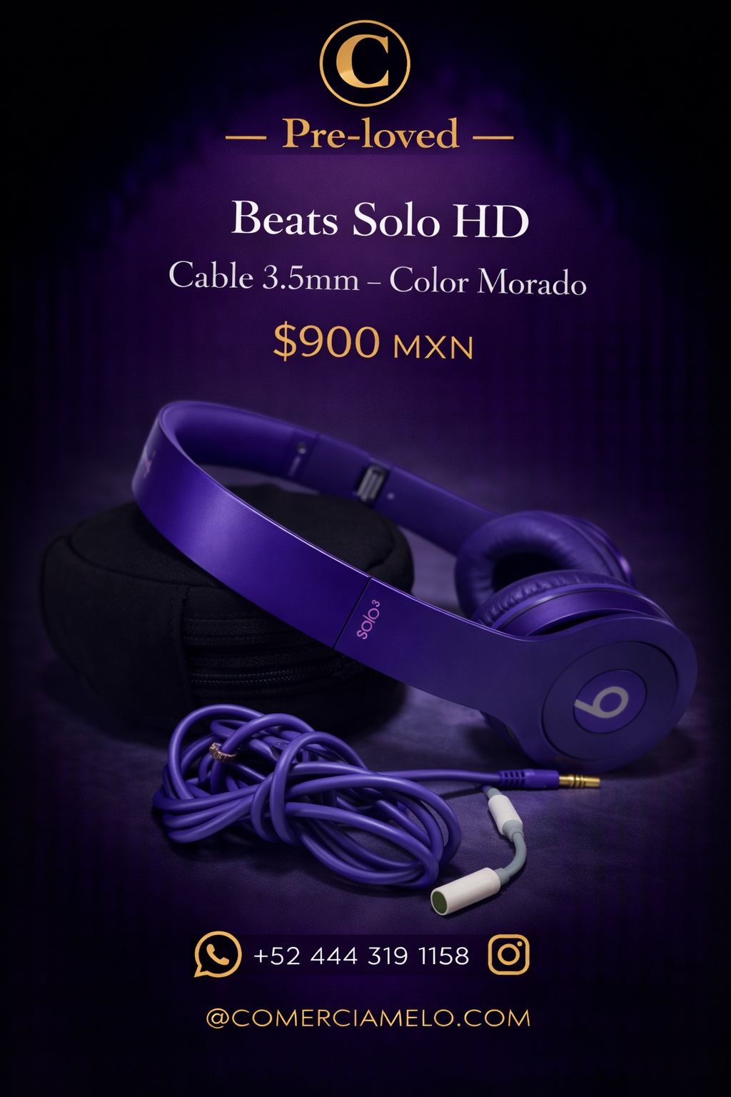 Beats Solo HD – Cable 3.5mm (Color Morado)
